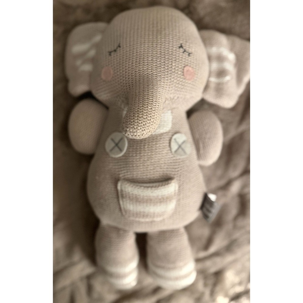 Living Textiles Theodore Elephant Knit Plush Rattle Tan Cream Striped Toy 2023